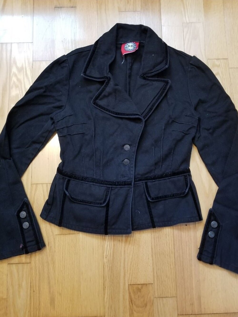 Red Balls On Fire Women's Small Black Denim Jacket Velvet blazer RARE redballs